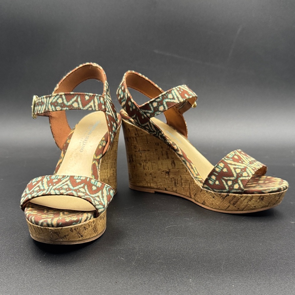 Christian Siriano Tribal Print Cork Wedge Sandals - Brown/Green